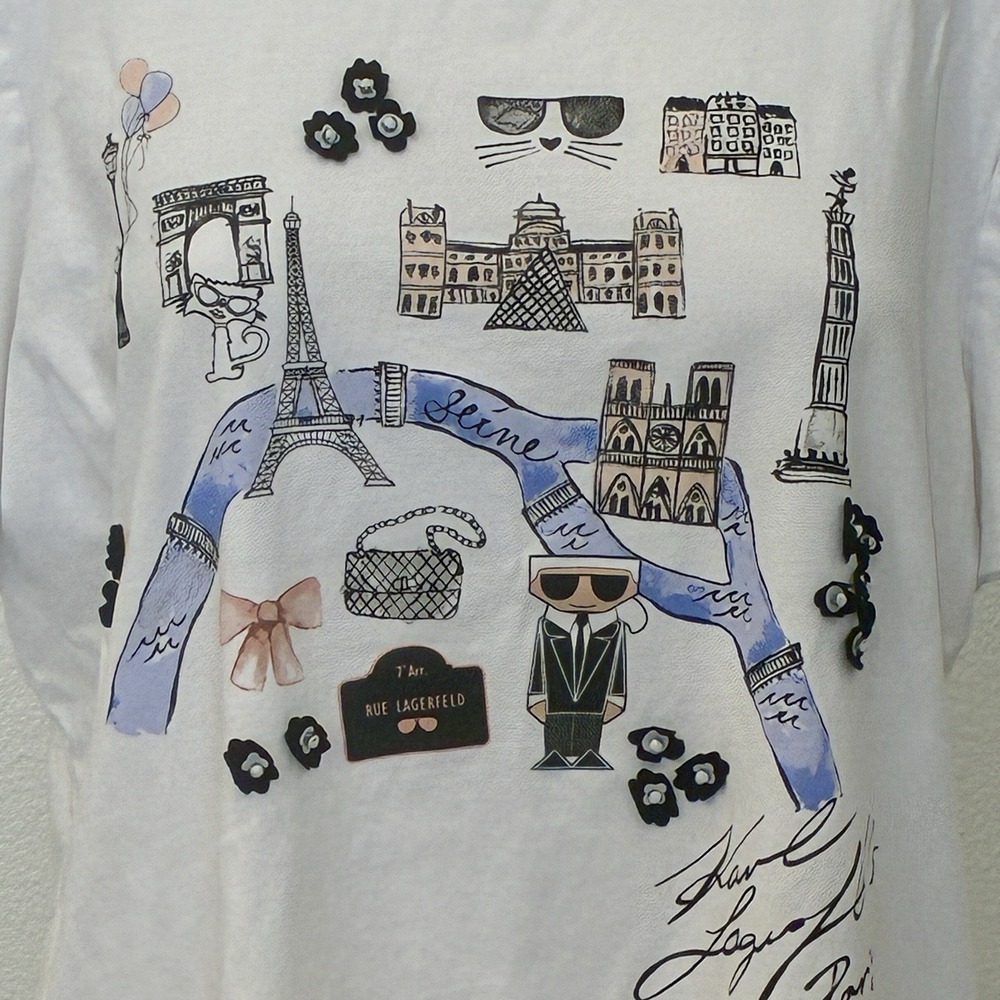Karl Lagerfeld Paris Bow Trim Eiffel Tower T-Shirt Womens Size L 3D Applique - Picture 3 of 10